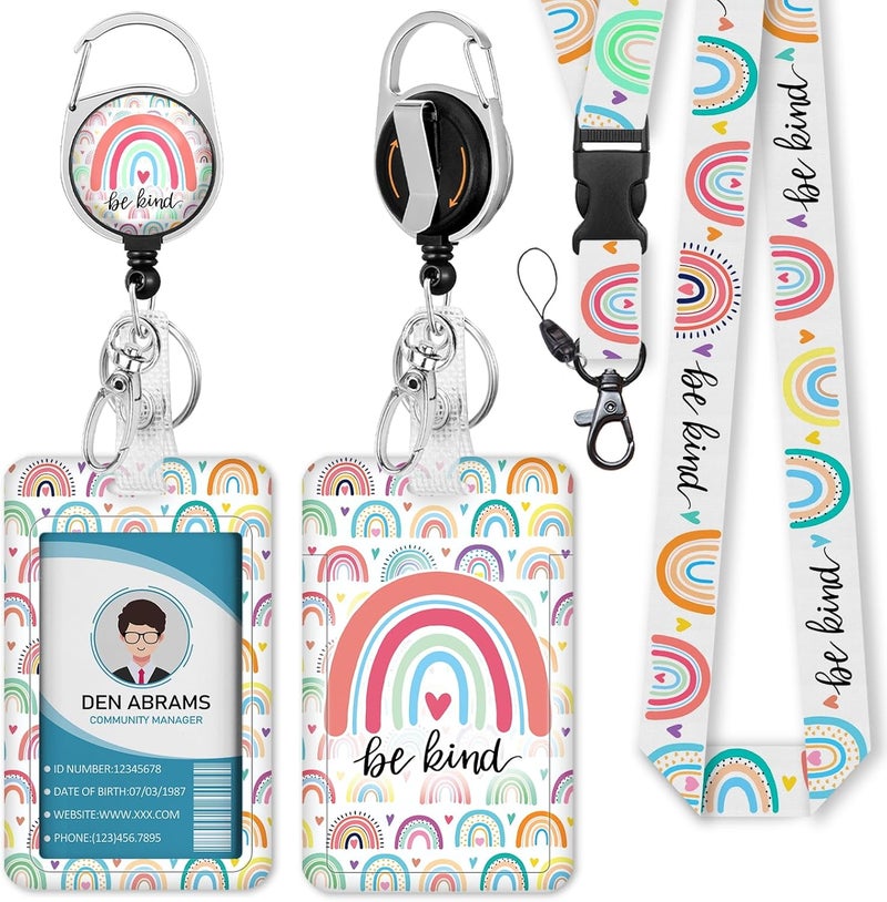Piefly Teacher Lanyards for Id Badges, Rainbow Be Kind Badge Holder with Retractable Badge Reel Clip, Adjustable Name Tag Lanyard Vertical ID Card Protector Case for Women Nurse Doctor Student - Image 1